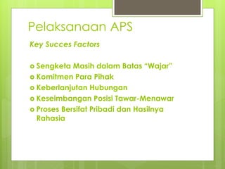 Pelaksanaan APS
Key Succes Factors
 Sengketa Masih dalam Batas “Wajar”
 Komitmen Para Pihak
 Keberlanjutan Hubungan
 Keseimbangan Posisi Tawar-Menawar
 Proses Bersifat Pribadi dan Hasilnya
Rahasia
 