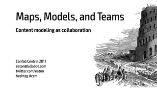 Maps, Models, and Teams
Content modeling as collaboration
Confab Central 2017
eaton@lullabot.com
twitter.com/eaton
hashtag #ccm
 