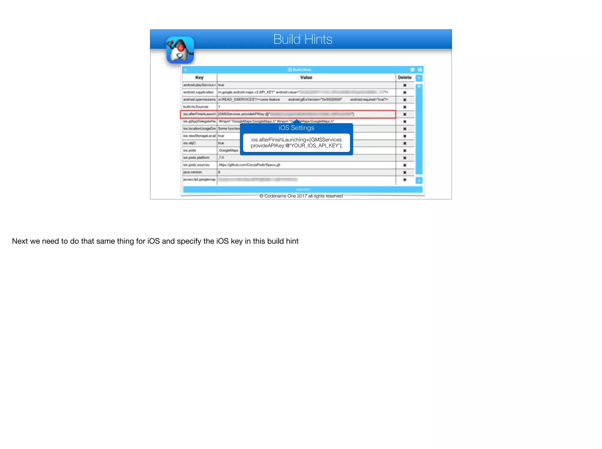 Build Hints
© Codename One 2017 all rights reserved
iOS Settings
ios.afterFinishLaunching=[GMSServices
provideAPIKey:@"YOUR_IOS_API_KEY"];
Next we need to do that same thing for iOS and specify the iOS key in this build hint
 