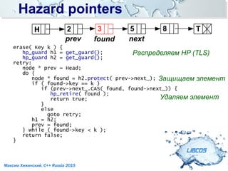 Hazard pointersHazard pointers
LIBCDS
Максим Хижинский, C++ Russia 2015
H T52 8
prev
3
found next
erase( Key k ) {
hp_guard h1 = get_guard();
hp_guard h2 = get_guard();
retry:
node * prev = Head;
do {
node * found = h2.protect( prev->next_);
if ( found->key == k )
if (prev->next_.CAS( found, found->next_)) {
hp_retire( found );
return true;
}
else
goto retry;
h1 = h2;
prev = found;
} while ( found->key < k );
return false;
}
Распределяем HP (TLS)
Защищаем элемент
Удаляем элемент
 