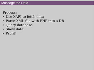 Massage the Data
Process:
● Use XAPI to fetch data
● Parse XML file with PHP into a DB
● Query database
● Show data
● Profit!
 