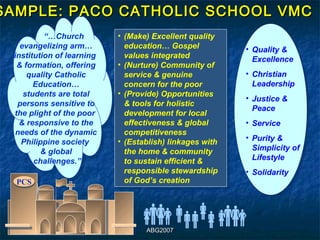 SAMPLE: PACO CATHOLIC SCHOOL VMC
           “…Church         • (Make) Excellent quality
    evangelizing arm…         education… Gospel           • Quality &
  institution of learning     values integrated             Excellence
   & formation, offering    • (Nurture) Community of
      quality Catholic        service & genuine           • Christian
        Education…            concern for the poor          Leadership
     students are total     • (Provide) Opportunities
                                                          • Justice &
   persons sensitive to       & tools for holistic
                                                            Peace
  the plight of the poor      development for local
    & responsive to the       effectiveness & global      • Service
   needs of the dynamic       competitiveness
                            • (Establish) linkages with   • Purity &
    Philippine society
          & global            the home & community          Simplicity of
        challenges.”          to sustain efficient &        Lifestyle
                              responsible stewardship     • Solidarity
  PCS                         of God’s creation




                                  
                                   
                                    
                                   ABG2007
 