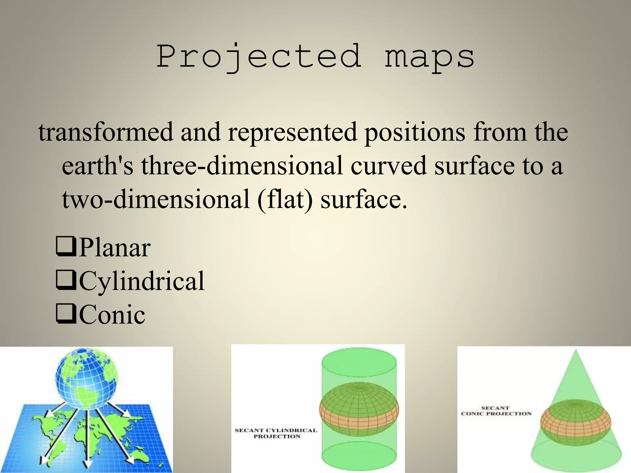 Projected maps 
transformed and represented positions from the 
earth's three-dimensional curved surface to a 
two-dimensional (flat) surface. 
Planar 
Cylindrical 
Conic 
 
