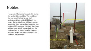 Nobles
I have noted 2 electrical boxes in this photo,
the west and the east box. The west box is
the one we will primarily use. Each
underground tank holds 10,000 gal if you
empty the west tank and still have room in
your trailer then you can back up to the East
tank and fill from there. Each tank does have
a lid as I have noted. You can look into the
tanks and get an idea of how full they are.
Normally we will not need to use the East
tank only the West tank.
West tank electrical box
East tank electrical box
West tank lid
East tank lid
 