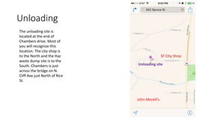 Unloading
SF City Shop
John Morell's
Unloading site
The unloading site is
located at the end of
Chambers drive. Most of
you will recognize this
location. The city shop is
to the North and the Haz
waste dump site is to the
South. Chambers is just
across the bridge on N.
Cliff Ave just North of Rice
St.
 