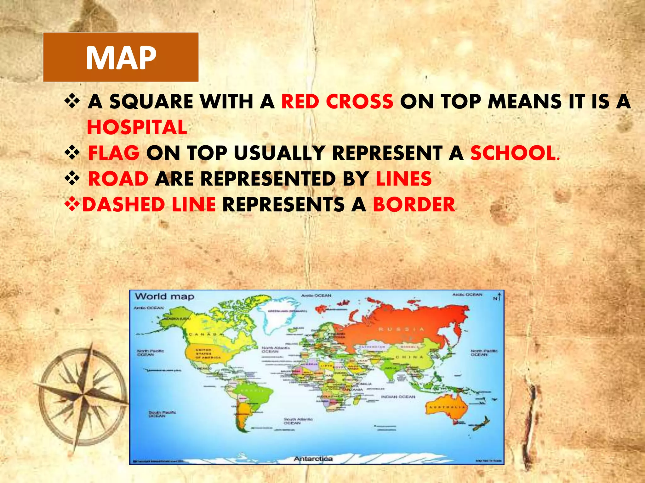  A SQUARE WITH A RED CROSS ON TOP MEANS IT IS A
HOSPITAL
 FLAG ON TOP USUALLY REPRESENT A SCHOOL.
 ROAD ARE REPRESENTED BY LINES
DASHED LINE REPRESENTS A BORDER
 
