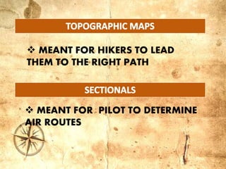  MEANT FOR PILOT TO DETERMINE
AIR ROUTES
 MEANT FOR HIKERS TO LEAD
THEM TO THE RIGHT PATH
 