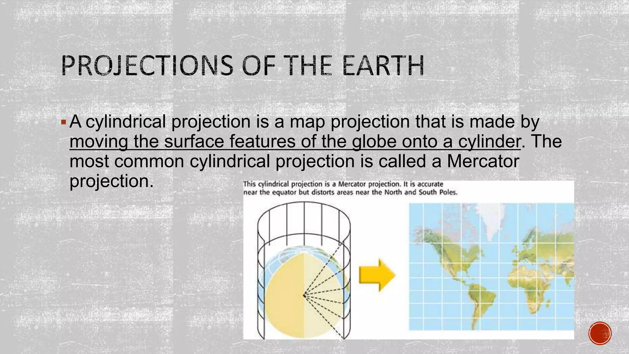 A cylindrical projection is a map projection that is made by
moving the surface features of the globe onto a cylinder. The
most common cylindrical projection is called a Mercator
projection.
 