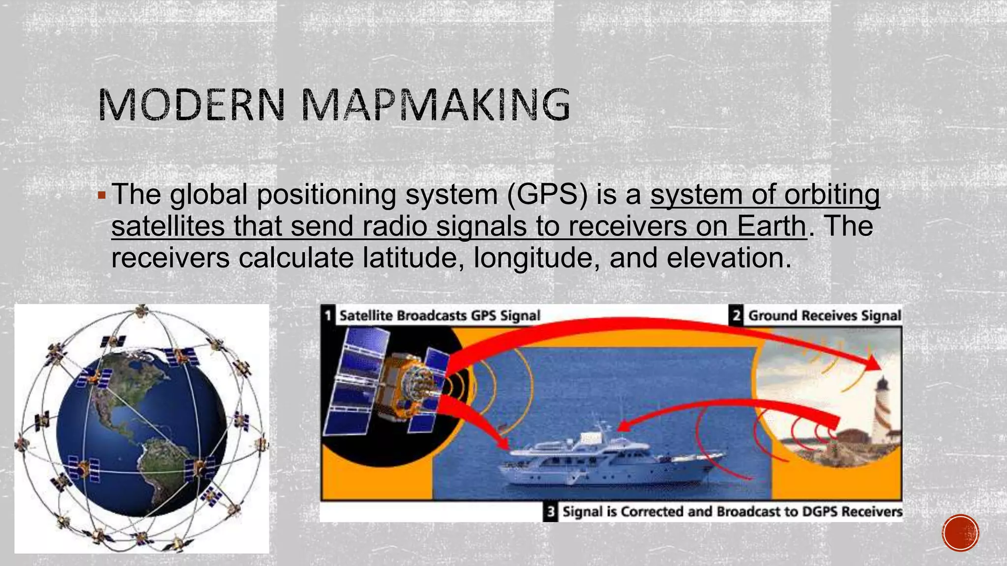 The global positioning system (GPS) is a system of orbiting
satellites that send radio signals to receivers on Earth. The
receivers calculate latitude, longitude, and elevation.
 