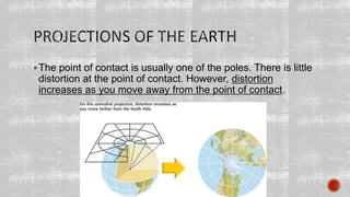 The point of contact is usually one of the poles. There is little
distortion at the point of contact. However, distortion
increases as you move away from the point of contact.
 