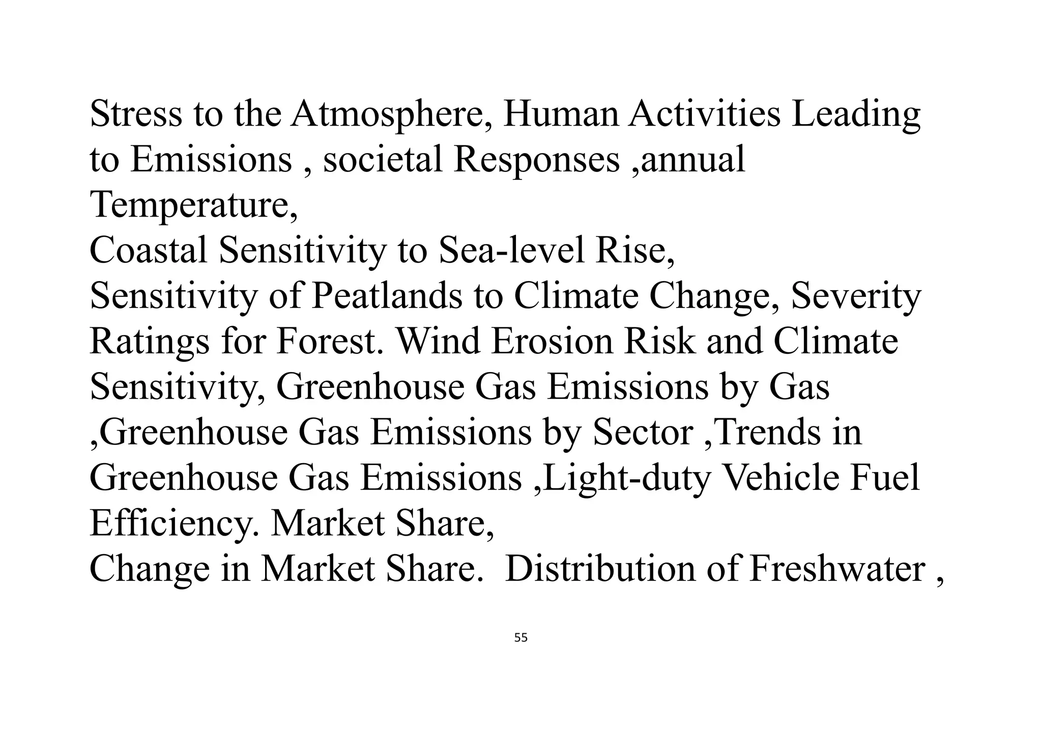 55
Stress to the Atmosphere, Human Activities Leading
to Emissions , societal Responses ,annual
Temperature,
Coastal Sensitivity to Sea-level Rise,
Sensitivity of Peatlands to Climate Change, Severity
Ratings for Forest. Wind Erosion Risk and Climate
Sensitivity, Greenhouse Gas Emissions by Gas
,Greenhouse Gas Emissions by Sector ,Trends in
Greenhouse Gas Emissions ,Light-duty Vehicle Fuel
Efficiency. Market Share,
Change in Market Share. Distribution of Freshwater ,
 
