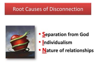 Root Causes of Disconnection



          • Separation from God
          • Individualism
          • Nature of relationships
 