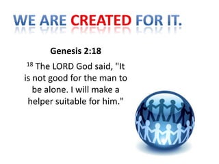 Genesis 2:18
18  The LORD God said, "It
is not good for the man to
   be alone. I will make a
 helper suitable for him."
 