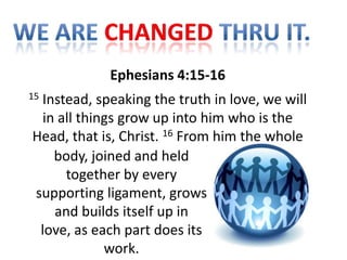 Ephesians 4:15-16
15
 Instead, speaking the truth in love, we will
  in all things grow up into him who is the
Head, that is, Christ. 16 From him the whole
    body, joined and held
      together by every
supporting ligament, grows
    and builds itself up in
 love, as each part does its
             work.
 