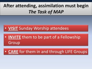 After attending, assimilation must begin
            The Task of MAP


• VISIT Sunday Worship attendees
• INVITE them to be part of a Fellowship
  Group
• CARE for them in and through LIFE Groups
 