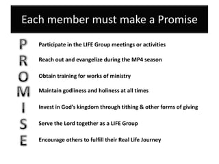 Each member must make a Promise
   Participate in the LIFE Group meetings or activities

   Reach out and evangelize during the MP4 season

   Obtain training for works of ministry

   Maintain godliness and holiness at all times

   Invest in God’s kingdom through tithing & other forms of giving

   Serve the Lord together as a LIFE Group

   Encourage others to fulfill their Real Life Journey
 