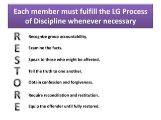 Each member must fulfill the LG Process
   of Discipline whenever necessary
    Recognize group accountability.

    Examine the facts.

    Speak to those who might be affected.

    Tell the truth to one another.

    Obtain confession and forgiveness.

    Require reconciliation and restitution.

    Equip the offender until fully restored.
 