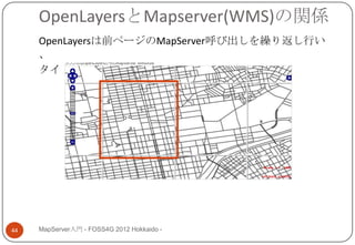 OpenLayersとMapserver(WMS)の関係
     OpenLayersは前ページのMapServer呼び出しを繰り返し行い
     、
     タイリング表示する




44   MapServer入門 - FOSS4G 2012 Hokkaido -
 