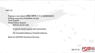 09/17/15
WFS 2.0
Paging is now default (MS WFS 1.1.x extension)
Sorting supported (shapefiles via ogr)
Time Support
Stored Query Support
Defined server side
Supports stored queries with parameters
No CreateStoredQuery, DropStoredQuery
Base for INSPIRE Download Services
 