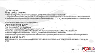 09/17/15
WFS Examples
Time period queries:
<Filter><During><ValueReference>COLLECT_DATE</ValueReference><TimePeriod>
<beginPosition>2010-11-29T00:00:00-07:00</beginPosition><endPosition>2014-08-25T00:00:00-07:00</endPosition>
</TimePeriod></During><SortBy><SortProperty><ValueReference>COLLECT_DATE</ValueReference><SortOrder>DES
C
</SortOrder></SortProperty><SortBy></Filter>
Define a stored query
"wfs_storedqueries" "mystoredquery"
"wfs_mystoredquery_filedef" "/data/mystoredquery.xml"
<Parameter name="datestart" type="xs:dateTime"/><Parameter name="dateend" type="xs:dateTime"/>
<Filter><During><ValueReference>COLLECT_DATE</ValueReference><TimePeriod>
<beginPosition>${datestart}</beginPosition><endPosition>${dateend}</endPosition></TimePeriod></During></Filter>
Call a stored query:
&STOREDQUERY_ID=mystoredquery&DATESTART=2010-11-29T00:00:00-07:00&DATEEND=2014-08-25T00:00:00-
07:00
 