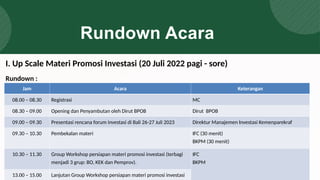 Rundown Acara
Rundown :
Jam Acara Keterangan
08.00 – 08.30 Registrasi MC
08.30 – 09.00 Opening dan Penyambutan oleh Dirut BPOB Dirut BPOB
09.00 – 09.30 Presentasi rencana forum investasi di Bali 26-27 Juli 2023 Direktur Manajemen Investasi Kemenparekraf
09.30 – 10.30 Pembekalan materi IFC (30 menit)
BKPM (30 menit)
10.30 – 11.30 Group Workshop persiapan materi promosi investasi (terbagi
menjadi 3 grup: BO, KEK dan Pemprov).
IFC
BKPM
13.00 – 15.00 Lanjutan Group Workshop persiapan materi promosi investasi
I. Up Scale Materi Promosi Investasi (20 Juli 2022 pagi - sore)
 