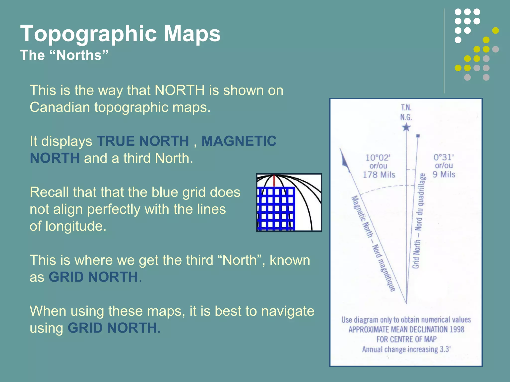 This is the way that NORTH is shown on
Canadian topographic maps.
It displays TRUE NORTH , MAGNETIC
NORTH and a third North.
Recall that that the blue grid does
not align perfectly with the lines
of longitude.
This is where we get the third “North”, known
as GRID NORTH.
When using these maps, it is best to navigate
using GRID NORTH.
Topographic Maps
The “Norths”
 
