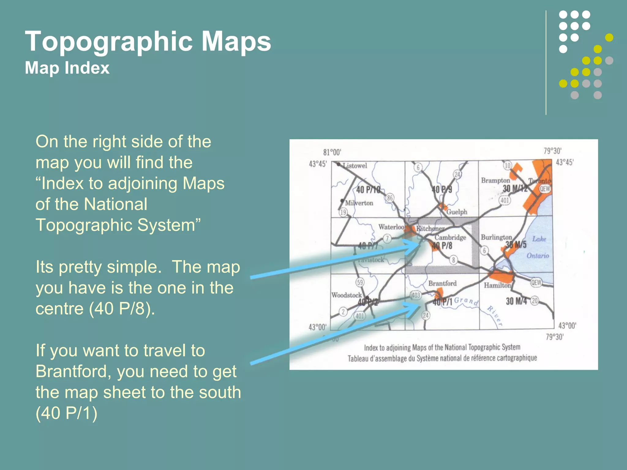 On the right side of the
map you will find the
“Index to adjoining Maps
of the National
Topographic System”
Its pretty simple. The map
you have is the one in the
centre (40 P/8).
If you want to travel to
Brantford, you need to get
the map sheet to the south
(40 P/1)
Topographic Maps
Map Index
 