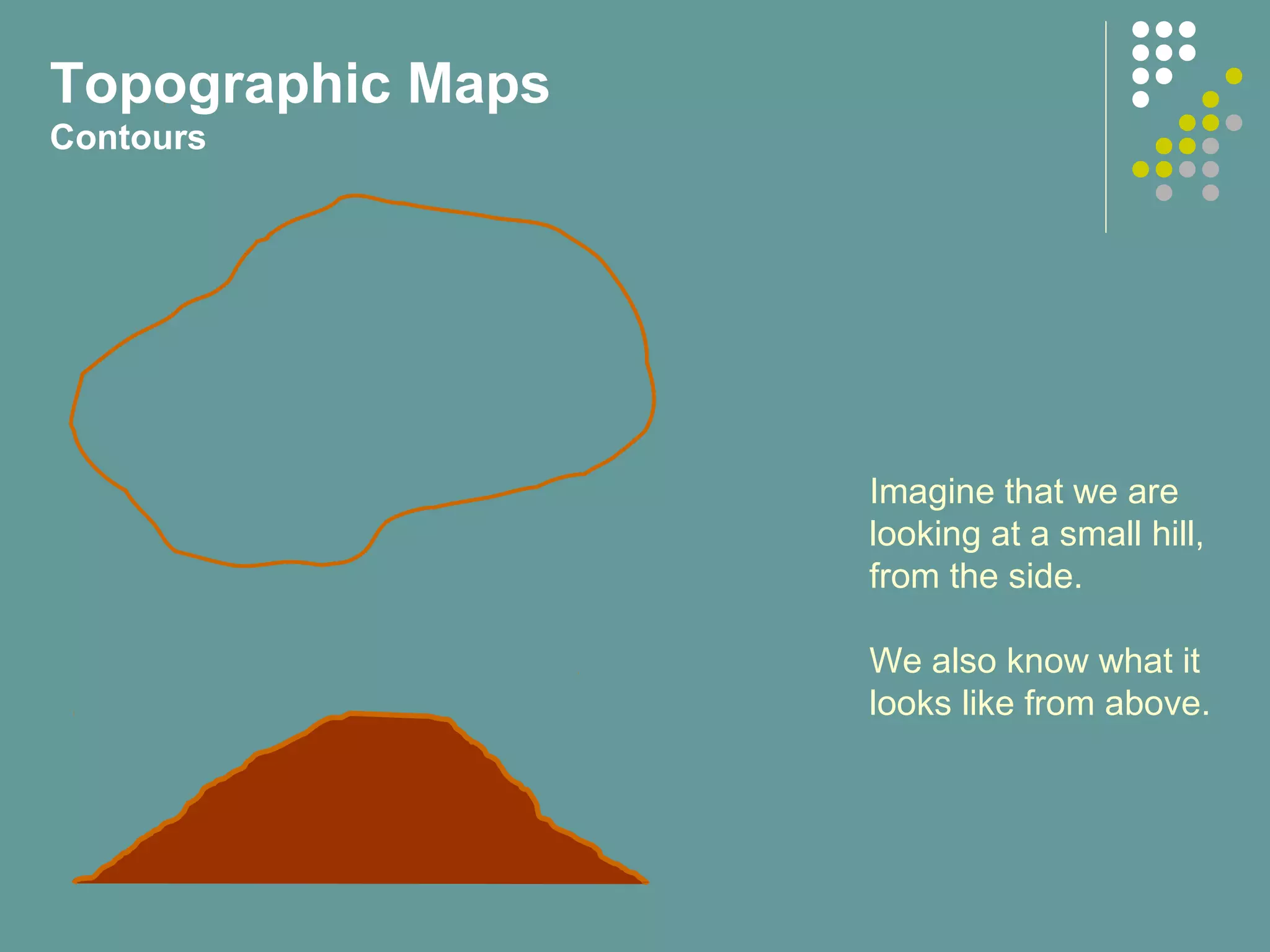 Topographic Maps
Contours
Imagine that we are
looking at a small hill,
from the side.
We also know what it
looks like from above.
 