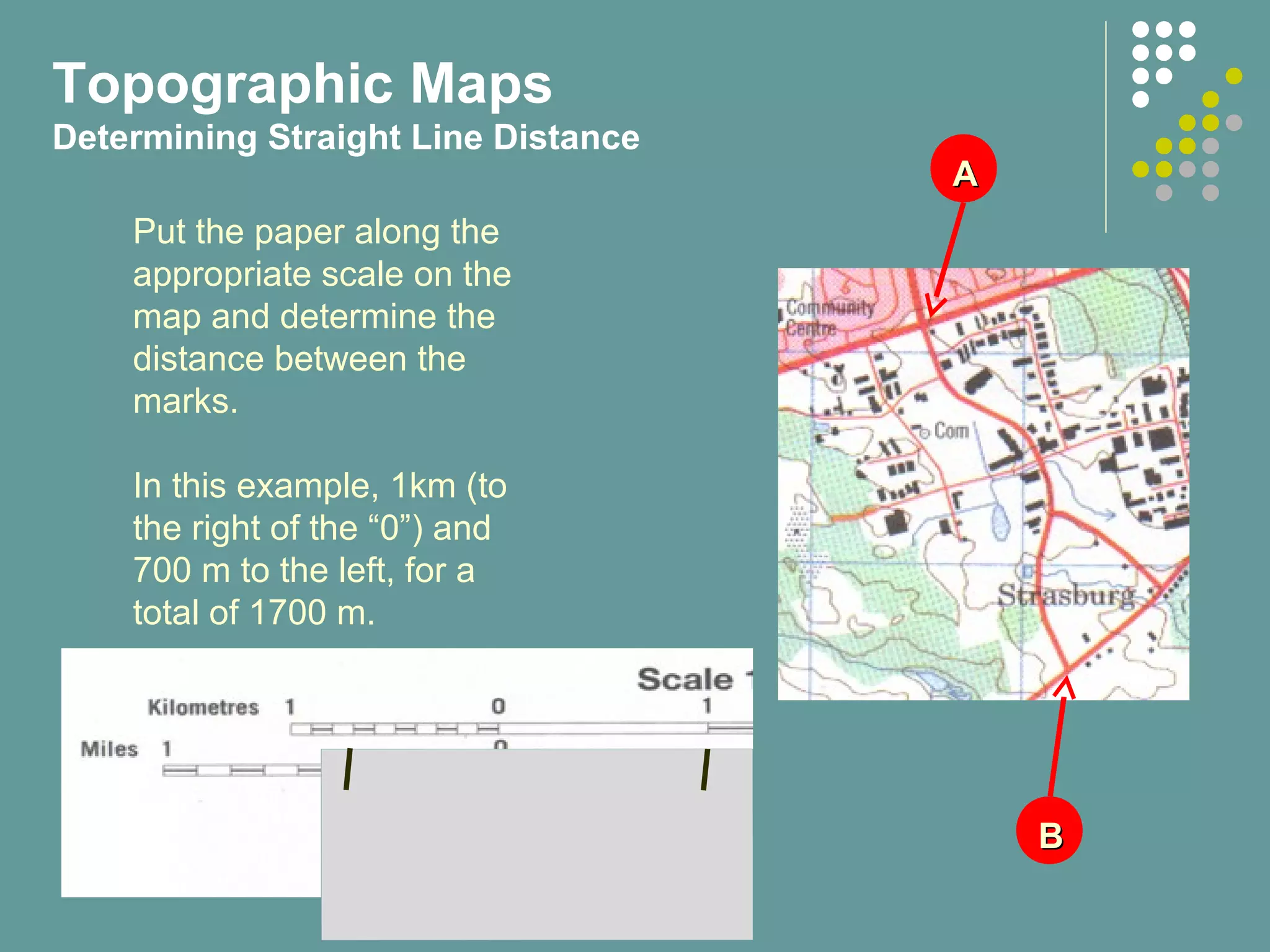 AA
BB
Put the paper along the
appropriate scale on the
map and determine the
distance between the
marks.
In this example, 1km (to
the right of the “0”) and
700 m to the left, for a
total of 1700 m.
Topographic Maps
Determining Straight Line Distance
 