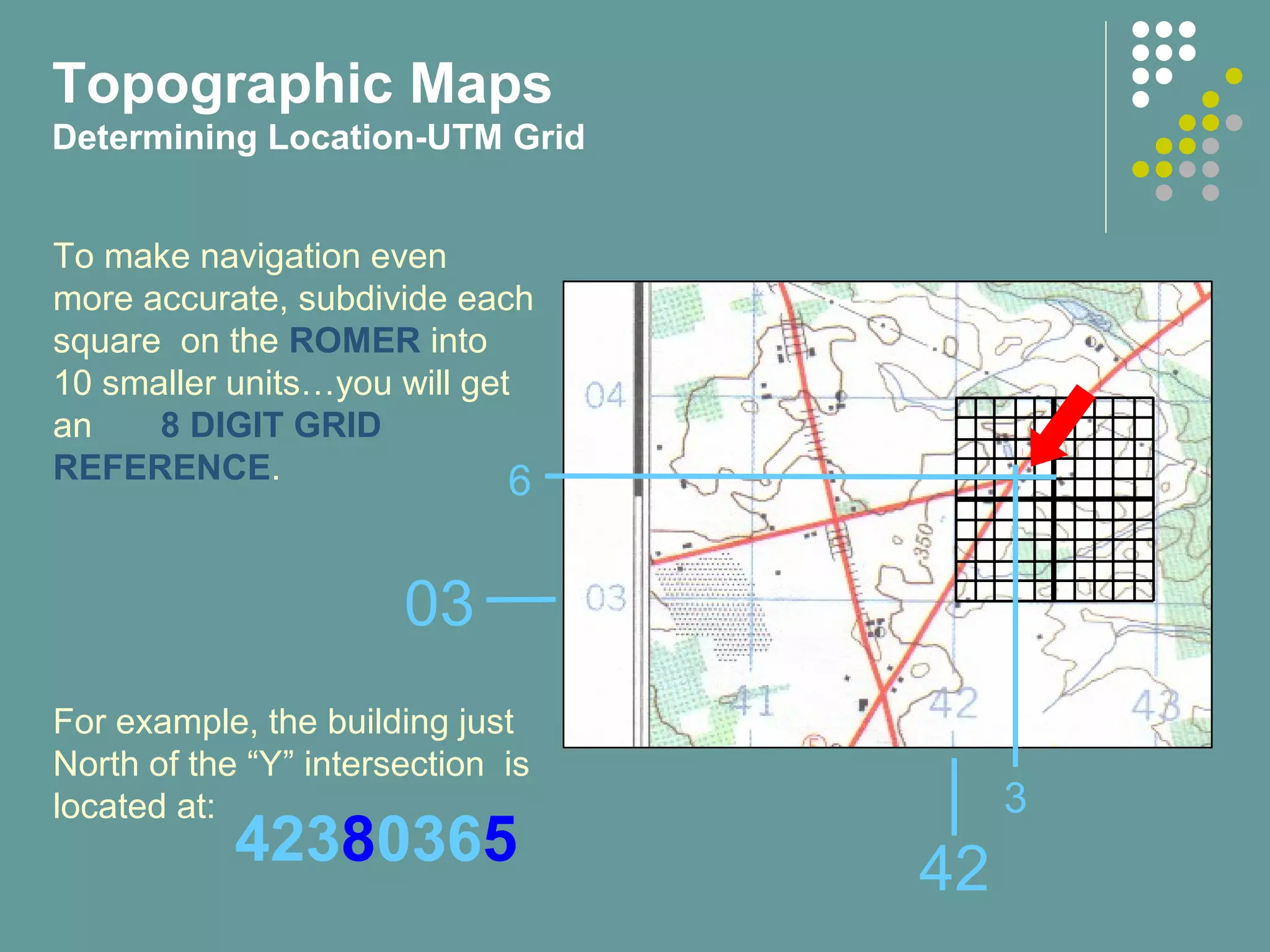 To make navigation even
more accurate, subdivide each
square on the ROMER into
10 smaller units…you will get
an 8 DIGIT GRID
REFERENCE.
For example, the building just
North of the “Y” intersection is
located at:
42
03
3
6
42380365
Topographic Maps
Determining Location-UTM Grid
 