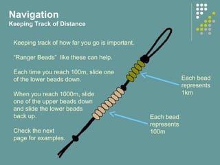 Keeping track of how far you go is important.
“Ranger Beads” like these can help.
Each time you reach 100m, slide one
of the lower beads down.
When you reach 1000m, slide
one of the upper beads down
and slide the lower beads
back up.
Check the next
page for examples.
Each bead
represents
1km
Each bead
represents
100m
Navigation
Keeping Track of Distance
 