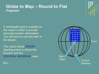 Equator
A rectangular grid is overlaid on
the maps in order to provide
accurate location information.
You will learn to use this later in
the lesson.
The map’s actual ORIGIN
(starting point) is where the
Equator and the
CENTRAL MERIDIAN meet.
But…
Central
Meridian
Map
Origin
Globe to Map – Round to Flat
Projection
 