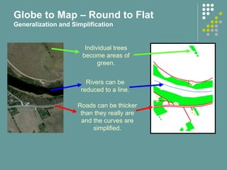 Rivers can be
reduced to a line.
Individual trees
become areas of
green.
Roads can be thicker
than they really are
and the curves are
simplified.
Globe to Map – Round to Flat
Generalization and Simplification
 