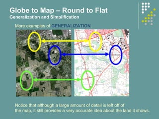 More examples of GENERALIZATION.
Notice that although a large amount of detail is left off of
the map, it still provides a very accurate idea about the land it shows.
Globe to Map – Round to Flat
Generalization and Simplification
 