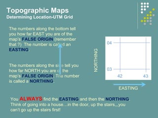 The numbers along the bottom tell
you how far EAST you are of the
map’s FALSE ORIGIN (remember
that ?) The number is called an
EASTING.
The numbers along the side tell you
how far NORTH you are of the
map’s FALSE ORIGIN. The number
is called a NORTHING.
04
03
42 43
You ALWAYS find the EASTING and then the NORTHING.
Think of going into a house…in the door, up the stairs,,,you
can’t go up the stairs first!
NORTHING
EASTING
Topographic Maps
Determining Location-UTM Grid
 