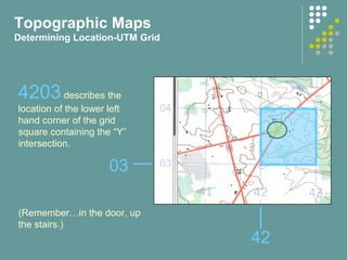 42
03
4203describes the
location of the lower left
hand corner of the grid
square containing the “Y”
intersection.
(Remember…in the door, up
the stairs.)
Topographic Maps
Determining Location-UTM Grid
 