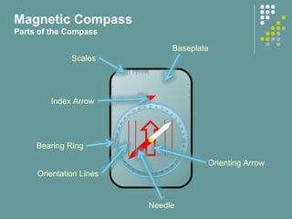 Baseplate
Needle
Scales
Orientation Lines
Index Arrow
Bearing Ring
Orienting Arrow
Magnetic Compass
Parts of the Compass
 