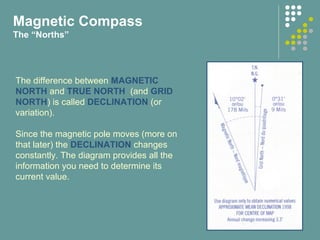 The difference between MAGNETIC
NORTH and TRUE NORTH (and GRID
NORTH) is called DECLINATION (or
variation).
Since the magnetic pole moves (more on
that later) the DECLINATION changes
constantly. The diagram provides all the
information you need to determine its
current value.
Magnetic Compass
The “Norths”
 