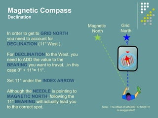 In order to get to GRID NORTH
you need to account for
DECLINATION (11° West ).
For DECLINATION to the West, you
need to ADD the value to the
BEARING you want to travel…in this
case 0° + 11°= 11°.
Set 11° under the INDEX ARROW.
Although the NEEDLE is pointing to
MAGNETIC NORTH, following the
11° BEARING will actually lead you
to the correct spot.
Magnetic Compass
Declination
Grid
North
Magnetic
North
Note: The offset of MAGNETIC NORTH
is exaggerated!
 
