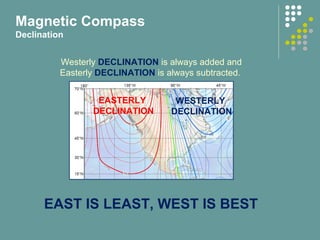 Magnetic Compass
Declination
Westerly DECLINATION is always added and
Easterly DECLINATION is always subtracted.
EASTERLY
DECLINATION
WESTERLY
DECLINATION
EAST IS LEAST, WEST IS BEST
 