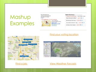 Mashup
Examples
              Find your voting location




 Find a job   View Weather Forcasts
 