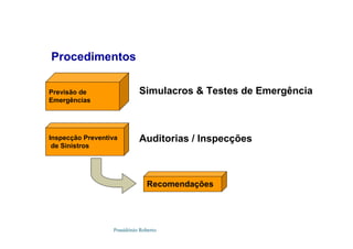 Possidónio Roberto
Procedimentos
Previsão de
Emergências
Inspecção Preventiva
de Sinistros
Recomendações
Auditorias / Inspecções
Simulacros  Testes de Emergência
 