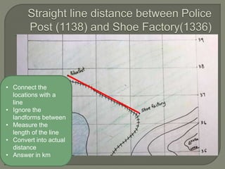 • Connect the
locations with a
line
• Ignore the
landforms between
• Measure the
length of the line
• Convert into actual
distance
• Answer in km
 