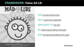 OUR products/services
HELP customer segment
WHO WANT TO do this
BY reducing/avoiding this pain
AND increasing/enabling this gain
FRAMEWORK: Value Ad Lib
 