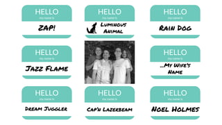 HELLO
my name is
Luminous
Animal
HELLO
my name is
ZAP!
HELLO
my name is
Rain Dog
HELLO
my name is
Jazz Flame
HELLO
my name is
...My Wife’s
Name
HELLO
my name is
Cap’n Lazerbeam
HELLO
my name is
Dream Juggler
HELLO
my name is
Noel Holmes
 