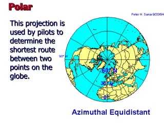 Polar This projection is used by pilots to determine the shortest route between two points on the globe. 