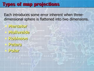 Types of map projections Mercator Mollweide Robinson Peters Polar Each introduces some error inherent when three-dimensional sphere is flattened into two dimensions. 