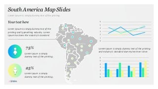 South America Map Slides
Lorem Ipsum is simply dummy text of the printing.
Lorem Ipsum is simply dummy text of the
printing and typesetting industry. Lorem
Ipsum has been the industry's standard.
Your text here
Lorem Ipsum is simply
dummy text of the printing.
75%
Lorem Ipsum is simply
dummy text of the printing.
25%
0
1
2
3
4
5
6
Lorem Ipsum is simply dummy text of the printing
and industry's standard dummy text ever since.
0
1
2
3
4
5
6
 