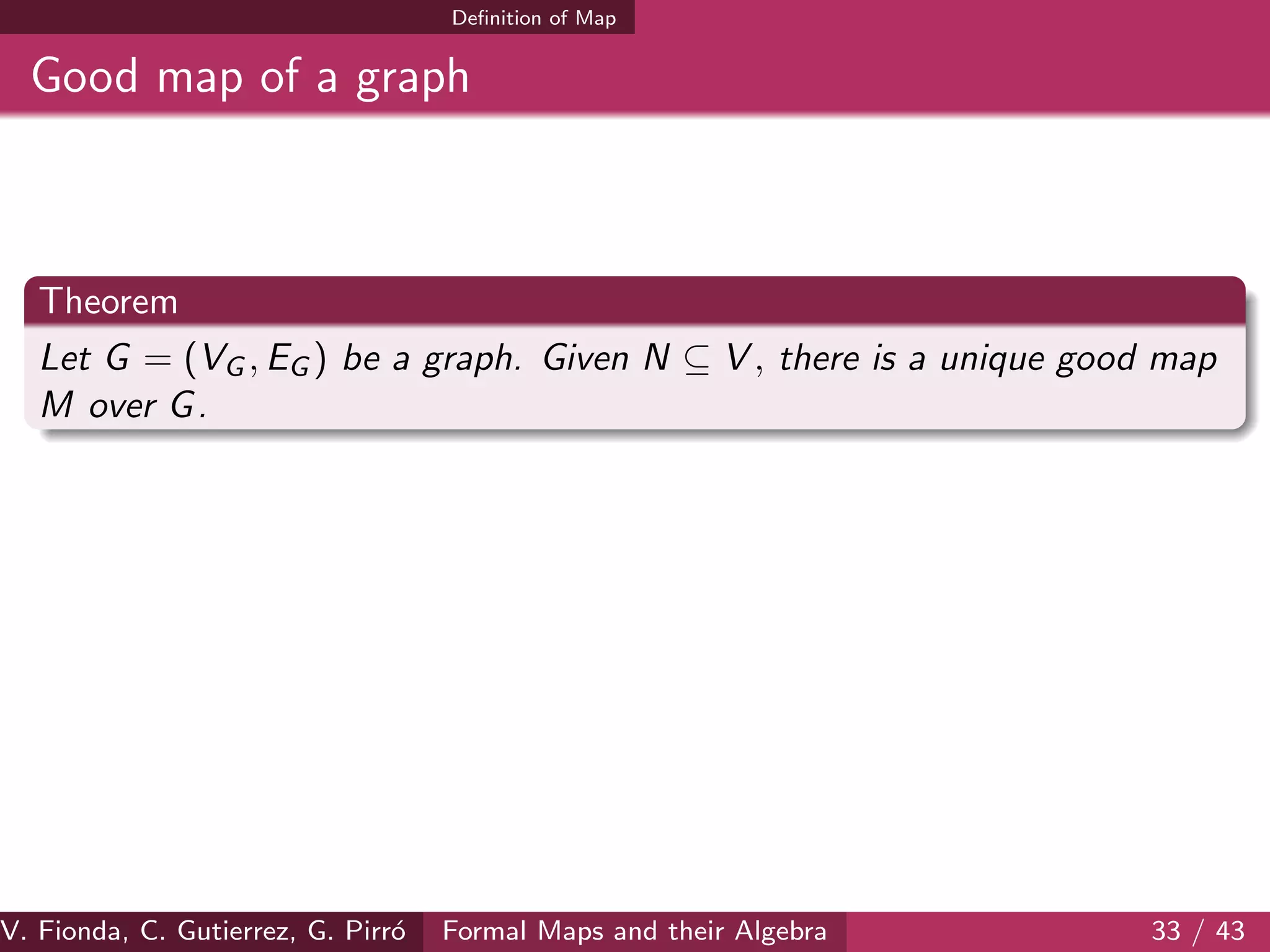 Deﬁnition of Map
Good map of a graph
Theorem
Let G = (VG , EG ) be a graph. Given N ⊆ V , there is a unique good map
M over G.
V. Fionda, C. Gutierrez, G. Pirr´o Formal Maps and their Algebra 33 / 43
 