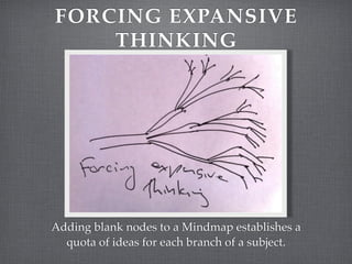 FORCING EXPANSIVE
    THINKING




Adding blank nodes to a Mindmap establishes a
  quota of ideas for each branch of a subject.
 